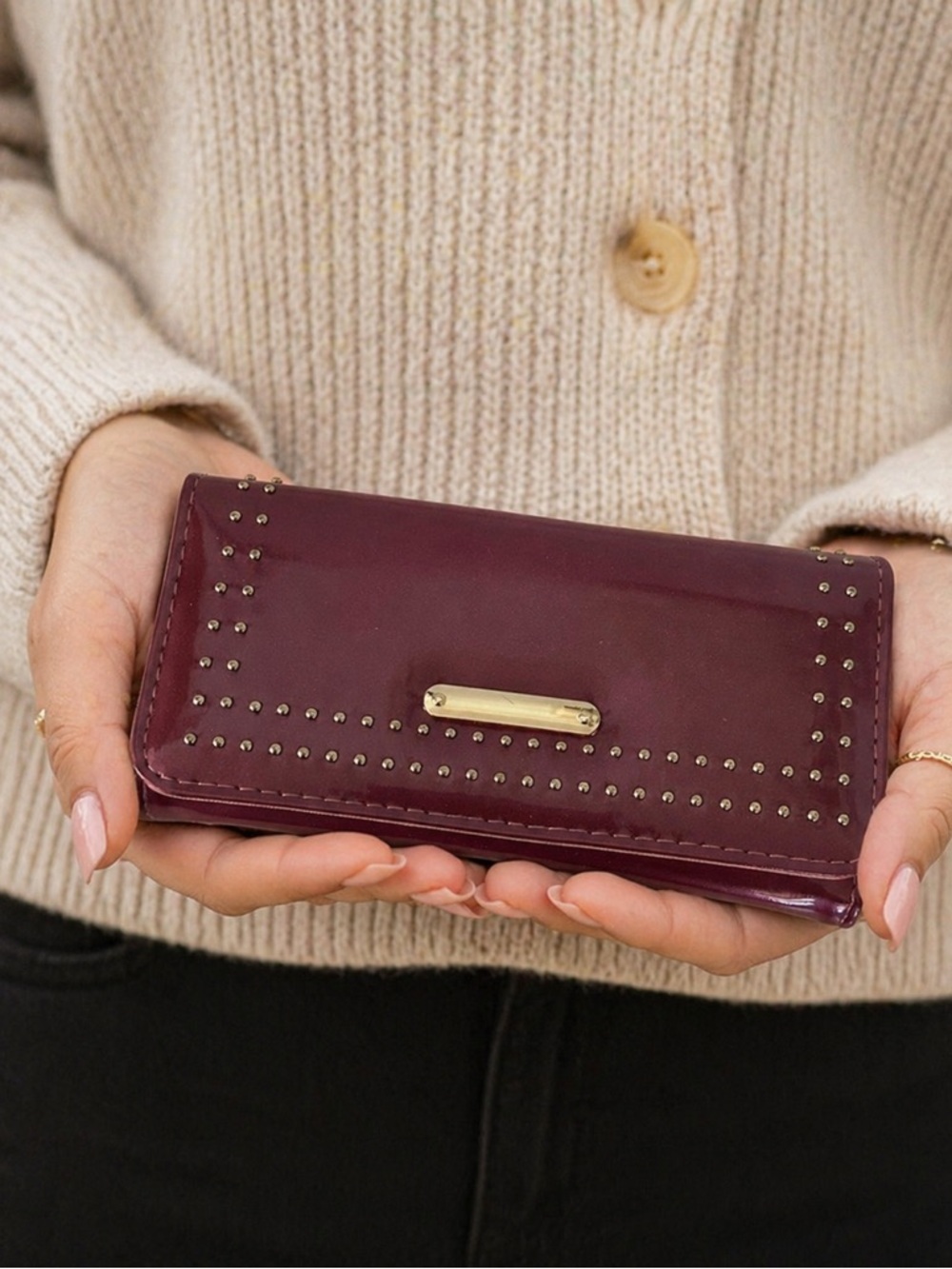 Burgundy Faux Leather Tri-Fold Wallet Women’s Studded Snap Closure Wallet Clutch